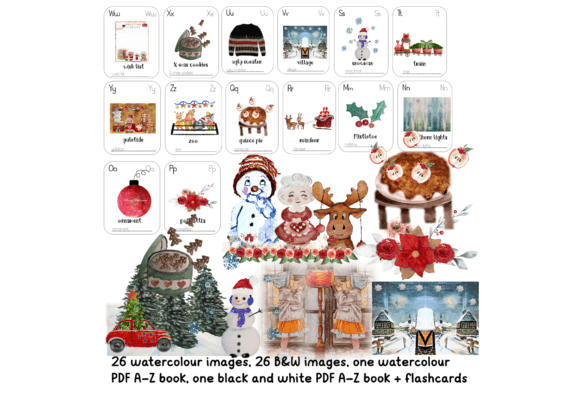 Christmas A-Z Watercolour Clipart B w: Festive Illustrations