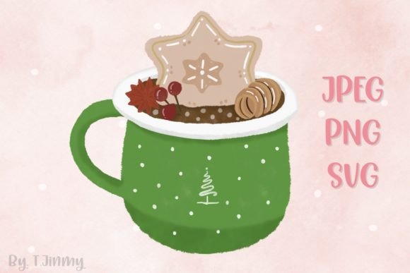Christmas Green Mug with Cookie: Festive Illustrations