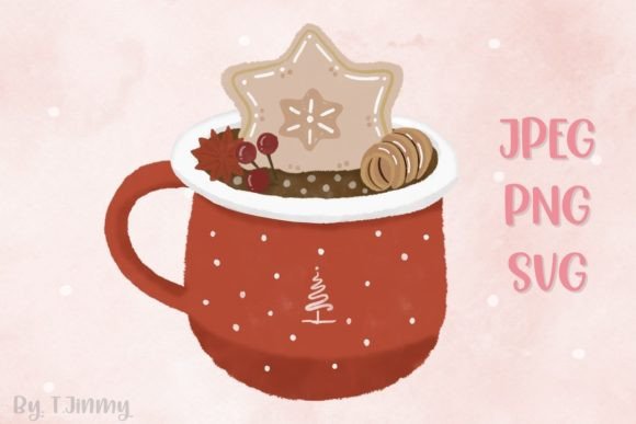 Christmas Red Mug with Cookie: Festive Illustrations