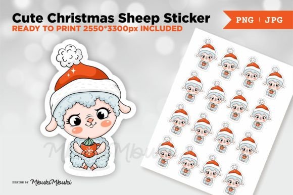 Cute Christmas Sheep with Coffee Sticker: Festive Illustrations