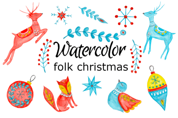 Folk Christmas Art: Watercolor Clipart Illustrations
